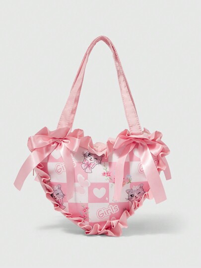 Kawaii Cute Cat & Bow Print Women Shoulder Bag, Pink