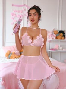 SHEIN 3 件套浪漫花朵荷叶边下摆裙子和内衣套装，性感 - 粉色 - 查看 3