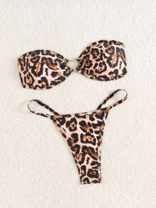 Swim Vcay Swim Summer Beach Vacation Outfits Woman Cheetah Print Heart Bikini Sets - Multicolor - View 3