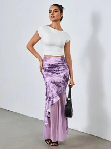 SHEIN Unity Purple Floral,Summer,Elegant,Party Mesh Insert Butterfly & Peony Print Bodycon Asymmetric Ruffle Hem Skirt With Waist Pleats, Retro Y2K Style - Purple - View 1