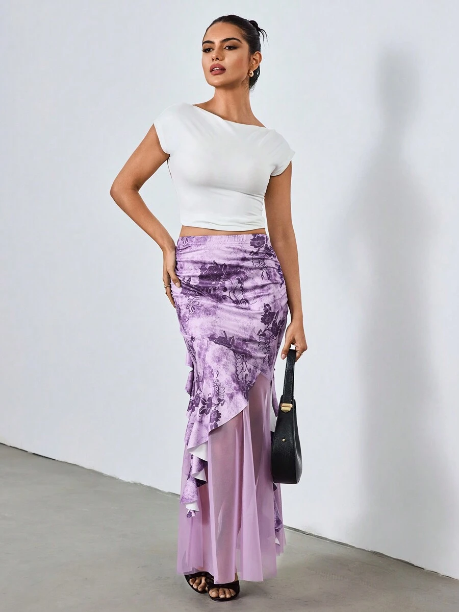 SHEIN Unity Purple Floral,Summer,Elegant,Party Mesh Insert Butterfly & Peony Print Bodycon Asymmetric Ruffle Hem Skirt With Waist Pleats, Retro Y2K Style - Purple - View 1