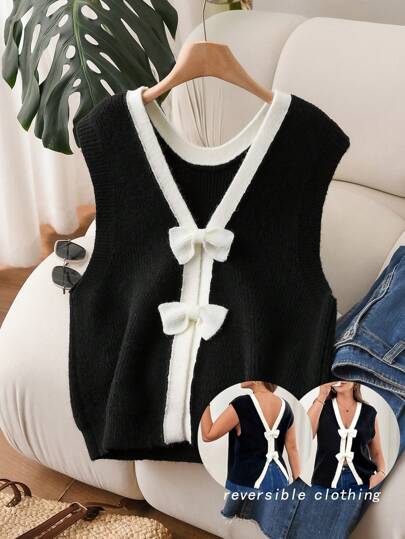 SHEIN Frenchy Chaleco de punto con lazo y contraste de colores, informal y elegante, talla grande