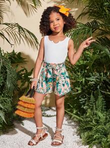 2 件套少女套装：纯色针织吊带背心和编织碎花短裤 - 彩色 - 查看 4