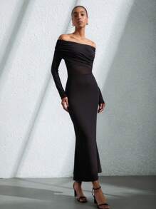 SHEIN Privé 黑色牛奶丝与网眼拼布扭结前部无袖连衣裙 - 黑色 - 查看 5