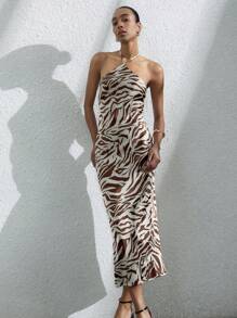 Frievida 女士优雅纹理斑马纹拼色束腰连衣裙（配围巾） - 彩色 - 查看 4