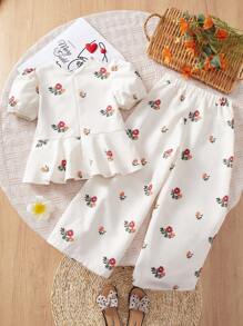 SHEIN Young Girl's Casual Fashion Ditsy Floral V-Neck Sleeveless Top And Straight Leg Pants Set - Apricot - View 3