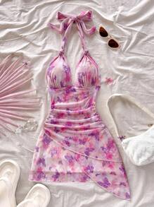 Soleia 度假浪漫蝴蝶扎染印花吊带 V 领系带褶皱女式迷你连衣裙