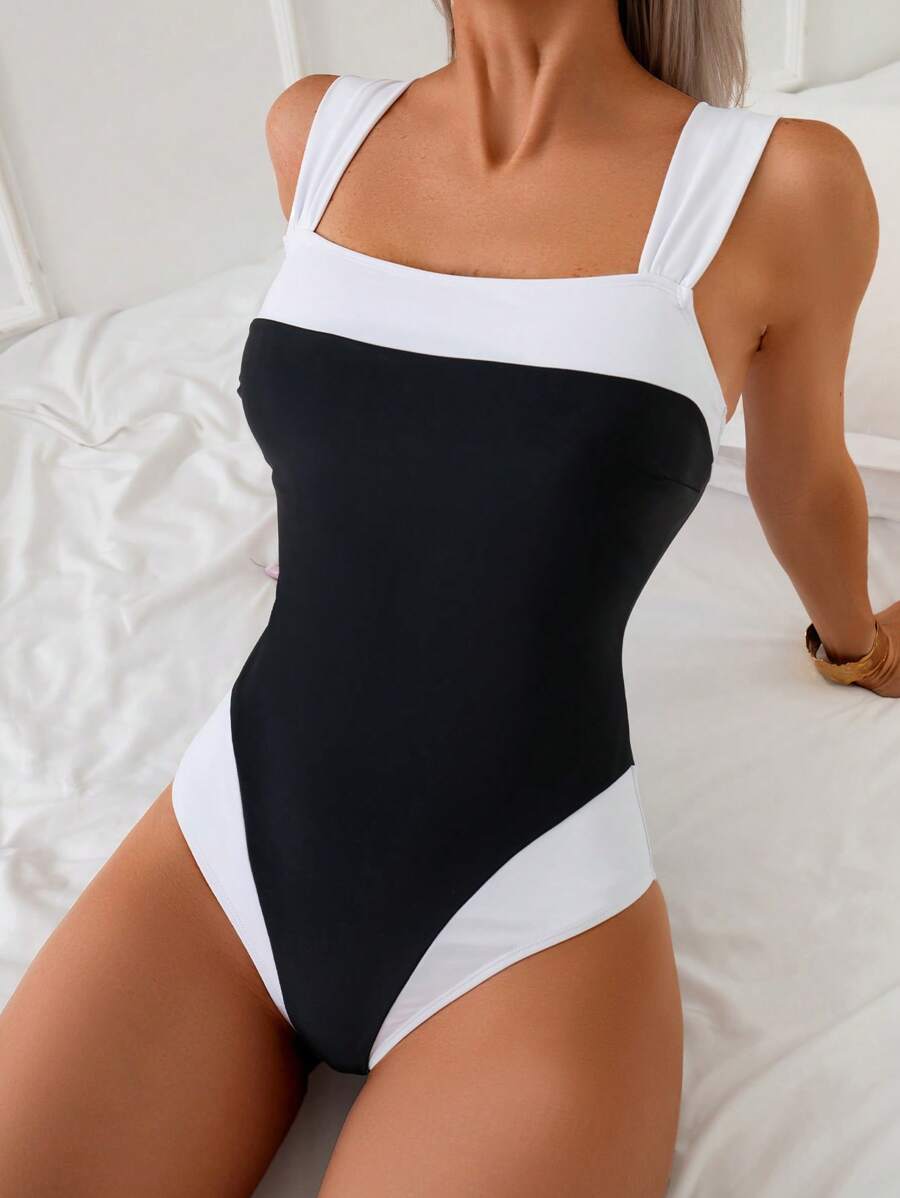 Swim Basics Women's Beach Resort Color Block One Piece Swimsuit, For Summer Vacation - Black and White - View 1