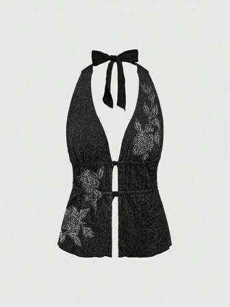 Grunge Punk Vintage Sexy Rhinestone Glitter Rose Print Necklace Sleeveless Backless Bodycon Camisole For Women