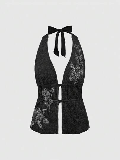 Grunge Punk Vintage Sexy Rhinestone Glitter Rose Print Necklace Sleeveless Backless Bodycon Camisole For Women