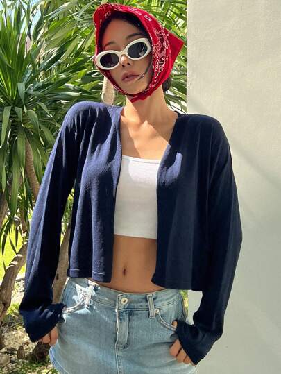 DAZY Solid Color Loose Long Sleeve Cropped Lightweight Sheer Casual Summer Top, Women Thin Cardigan