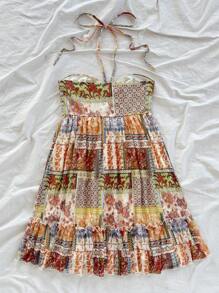 Soleia 大码女式度假彩色复古印花抽绳前后系带分层迷你连衣裙，音乐节服装 - 彩色 - 查看 3