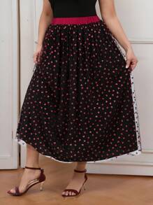 SHEIN Clasi Plus Size Elegant Heart Net Mesh Long Skirt Valentines/Valentine's Day - Black - View 6