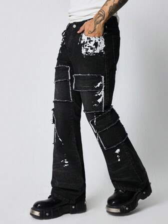 Grunge Punk Men's Stylish Fashionable Contrast Color Fringed Denim Jeans