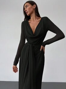 Aloruh 紧身低胸垂坠领长袖网眼杏色连衣裙，适合约会和场合的浪漫装扮