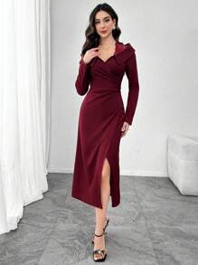 Modelyn Women Elegant Deep V-Neck Lapel Contrast Lace Slim Fit Midi Dress, Versatile Long Sleeve - Burgundy - View 4