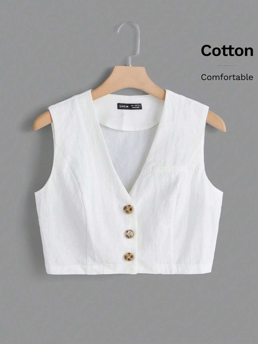 SHEIN EZwear Button Front Solid Tank Top - White - View 1