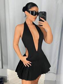 SHEIN ICON 女式 Y2k 外出纯色深 V 领腰部镂空褶皱下摆迷你黑色连衣裙 - 黑色 - 查看 9