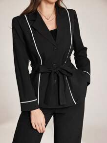 Modelyn White Striped Contrast Color Tie Waist Blazer And Trousers Suit Fall Cloth For Women - Black and White - View 1