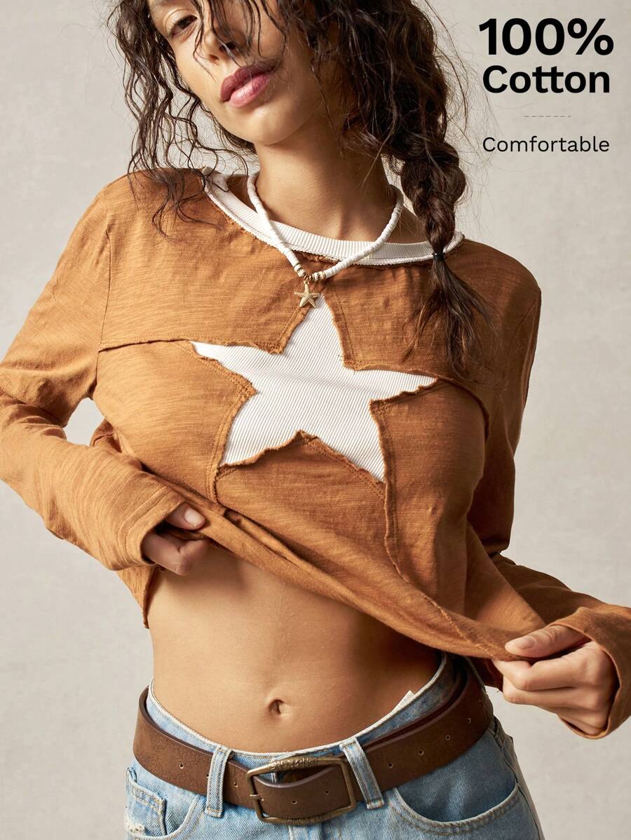 Bohemela 休闲针织圆领五角星图案长袖修身女式 T 恤