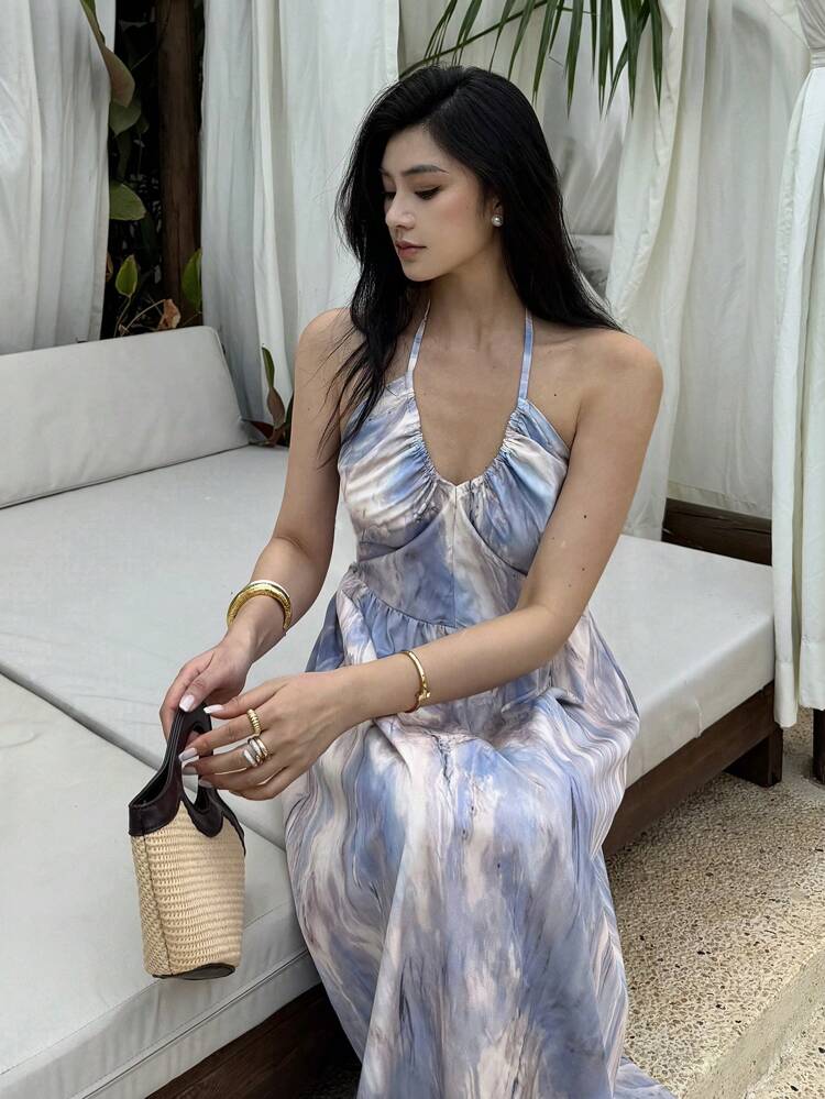 Tie-Dye Tie Dye Floral Print Long Spaghetti Strap Dress For Women Summer Cruise Women Outfits Sundress Vacation Outfits Women Boho