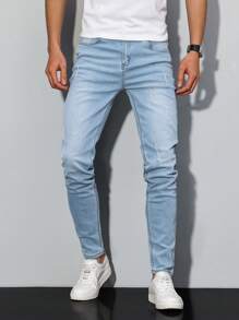 Manfinity Homme Men's Simple Ripped Pocket Casual Jeans, For Daily Wear - Light Wash - View 4