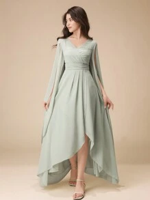 Vestido Curto e Longo Assimétrico Verde Menta Elegante para Meninas Adolescentes, Decote em V, Manga Morcego com Babados, Fenda, Faixa na Cintura, Vestido de Festa de Fada Apropriado para Aniversário de Adolescentes, Baile de Máscaras, Festa, Celebração de Feriados, Vestidos de Natal, Halloween, Ação de Graças, Vestido de Baile, Vestido Formal, Vestido de Concurso de Meninas, Vestido de Formatura, Vestido de Dama de Honra, Vestido de Gala, Vestido de Praia