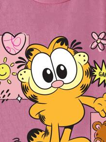 GARFIELD X SHEIN Young Girl Casual Cartoon Cat Print Short Sleeve T-Shirt, Summer