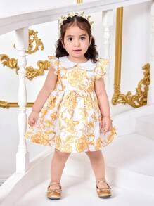 SHEIN Sukienka dla dziewczynki na lato z krótkim rękawem i falbaniastym kołnierzykiem w kwiatowy wzór - Biały - Zobacz 4