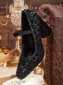 CUCCOO TILAWA Black Rhinestone Thick Heel Dress Pumps, Elegant Casual Party Wedding Date Shoes Spring Shoes Spring Break Easter Prom Heels - Black - View 1