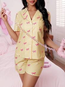 SweetSlumber Women Striped Bow Decor Simple Top And Shorts Pajama Set - Yellow - View 6