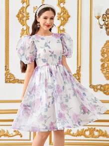 SHEIN 少女优雅拼色蝴蝶结后背泡泡袖中长连衣裙 - 粉色 - 查看 3