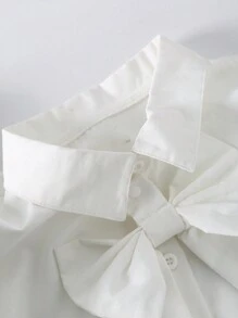 Elegant Vintage Collared Short Sleeve Solid Top With Detachable Bow Accent And High Waist Pleated Wide Leg Solid Color Pants Set For Tween Girls, Summer - Green - View 5