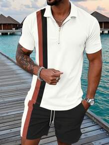 Manfinity Homme Bărbați 2buc/Set Tricou polo și pantaloni scurți în talie cu șnur de culoare contrastantă