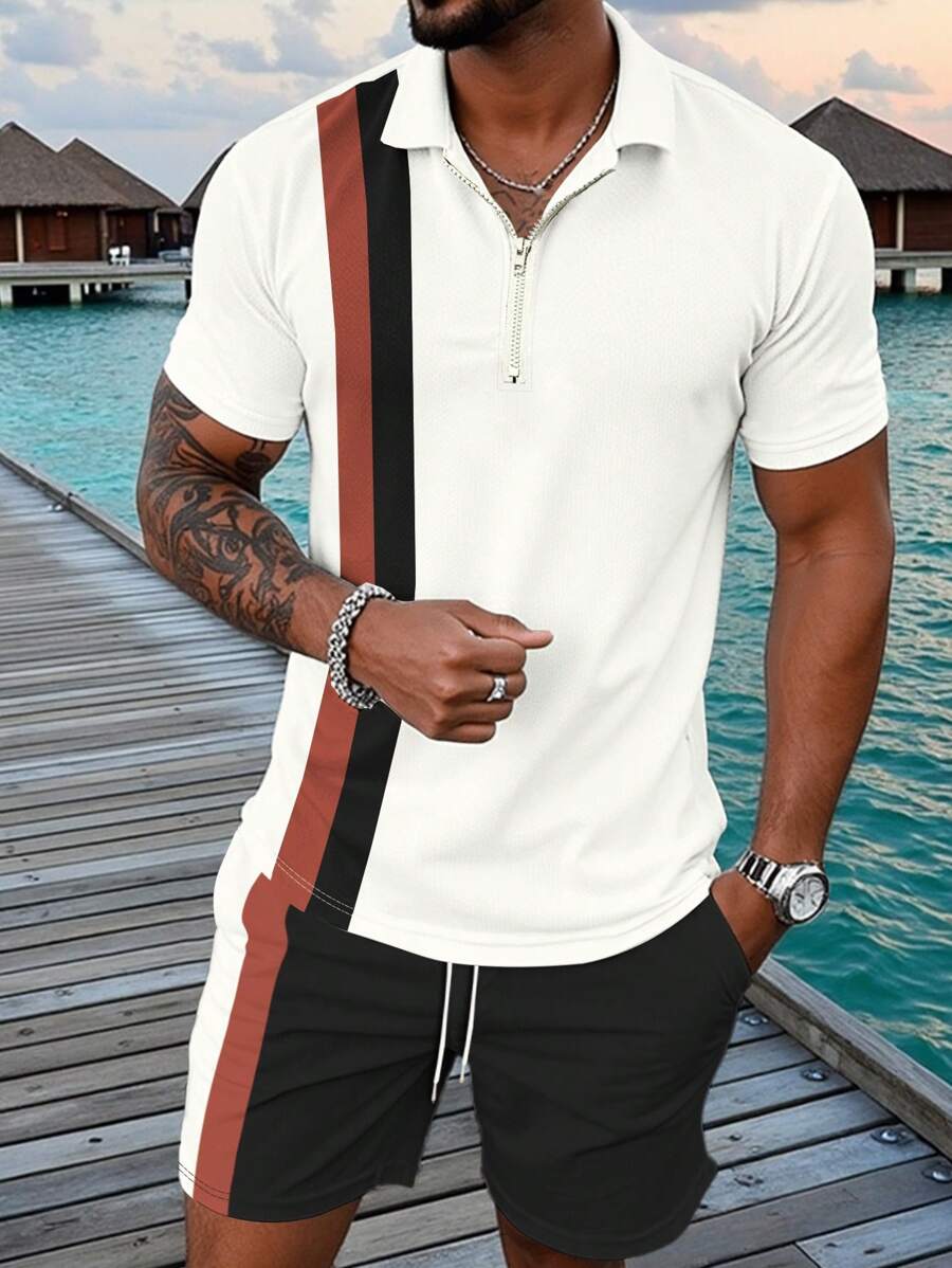 Manfinity Homme Bărbați 2buc/Set Tricou polo și pantaloni scurți în talie cu șnur de culoare contrastantă