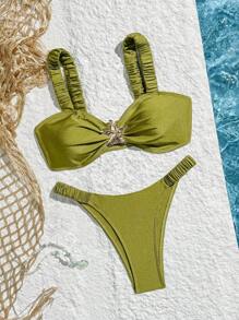 Swim Chiccia Springbreak 新款纯色褶皱粗带金色金属海星高腰沙滩女式泳衣两件套 - 綠色 - 查看 1