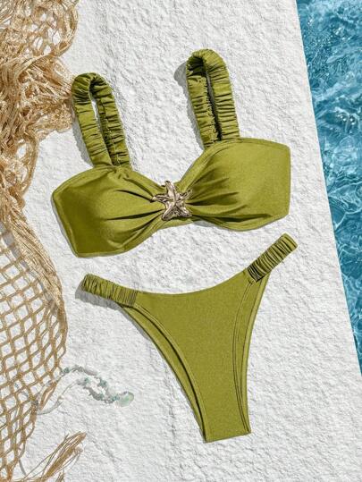 Swim Chiccia Conjunto de 2 piezas de traje de baño para mujer con corte alto, cuello alto, tirantes gruesos y decoración de estrella de mar de metal dorado, en unicolor y drapeado, para la playa