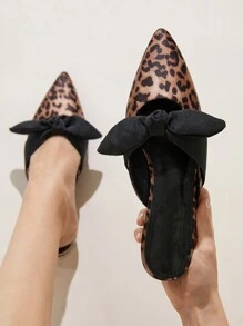 CUCCOO CHICEST Mocasines planos con puntera puntiaguda, estampado de leopardo y decoración de lazo, estilo dulce para damas