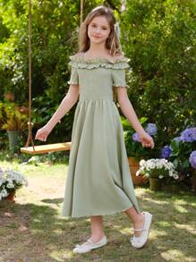 SHEIN Tween Girls Elegant Sage Green Summer Party Dress,Strapless Off Shoulder Tulle Puff Sleeve Bow Formal Short Dresses For Vacation Spring Wear - Green - View 3