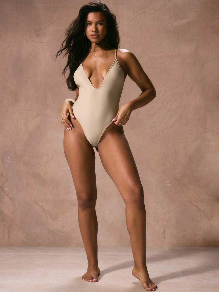 Musera Resort 深 V 领连体泳衣海滩度假夏季、假日、沙滩装 - 杏色 - 查看 6