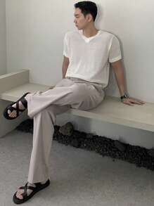 DAZY Men's V-Neck White Ribbed Knit Sweater, Summer - White - View 6