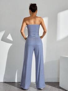 SHEIN PETITE Women Stripe Print Cropped Top And Pants 2 Pieces Set, Casual And Fitted - Blue and White - View 2