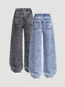 SHEIN Explorewe 2pcs Tween Girl All-Match Versatile Straight Wide Leg Denim Jeans, School, Campus, College Chic For Autumn/Winter - Multicolor - View 2