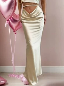 SHEIN Privé Nueva falda larga plisada de cintura de silueta de sirena con cuello en U color albaricoque, elegante y romántica para citas, primavera/verano