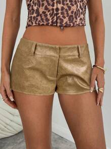 Aloruh 女士性感时尚复古纹理 PU 超短迷你皮短裤 - 卡其色 - 查看 3