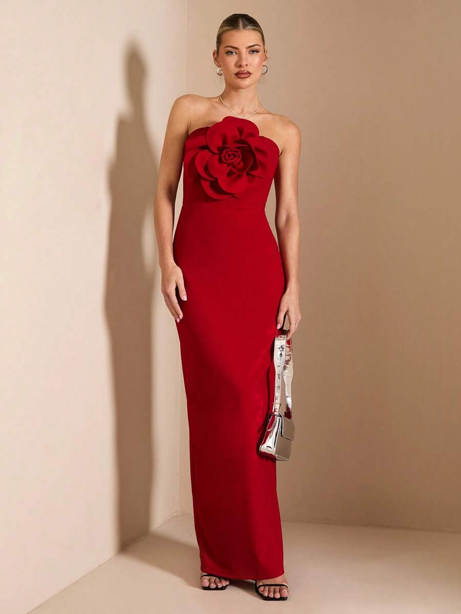 SHEIN BAE Women's Sleeveless Solid Red Maxi Dress, Elegant And Sexy With Romantic 3D Flower Decoration, Suitable For Graduation Ceremony, Cocktail Party, Romantic Date, Winter Layering, Party, Formal Event,Valentine's Day,Valentine Outfits For Women - Red - View 1