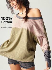 Bohemela Casual Knitted Patchwork Round Neck Loose Women T-Shirt, Long Sleeve