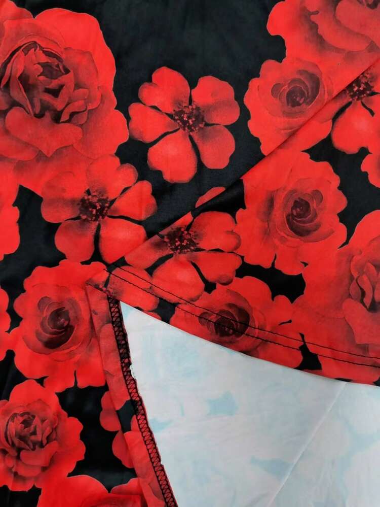 Plus Size Women Valentine's Day Rose Floral Print Short Sleeve Long Slim-Fit Dress, Summer,Flower/Vacation/Spring