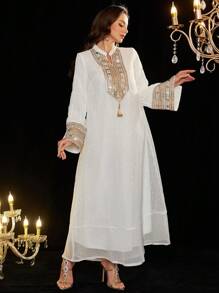 Al Najma Elegant Solid Color Embroidered Sequins Decor Women's Dress, Modest Kaftan - White - View 5