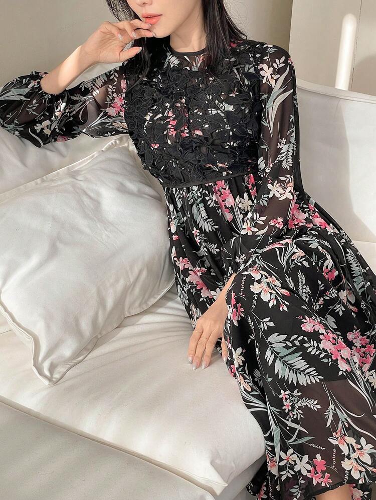 Women's Floral Print Lantern Sleeve Long Dress For Vacation, Fall Dress Long Sleeve Dress Boho